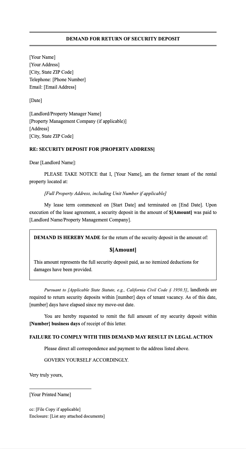 Legal standard demand letter